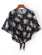 Romwe Bell Sleeve Knot Front Floral Top