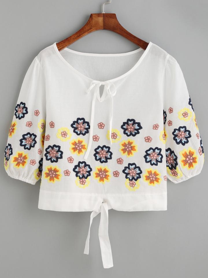 Romwe White Embroidered Keyhole Tie Front Blouse