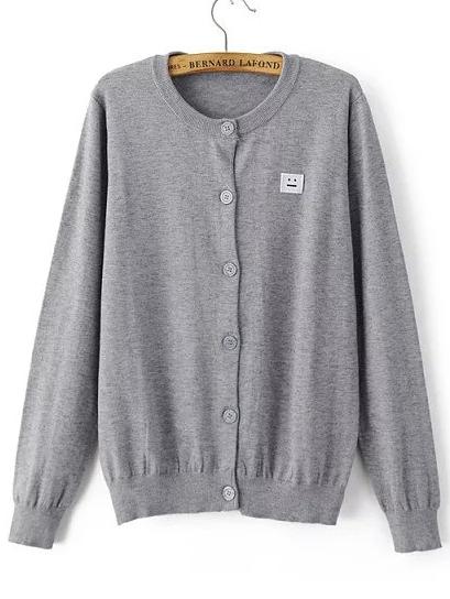 Romwe Grey Single Breasted Smile Face Patch Sweater Coat