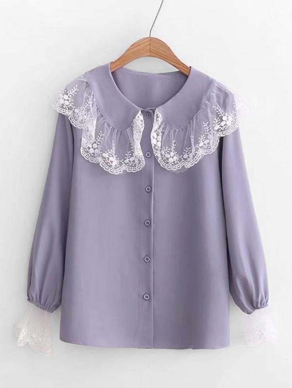 Romwe Scalloped Lace Trim Blouse