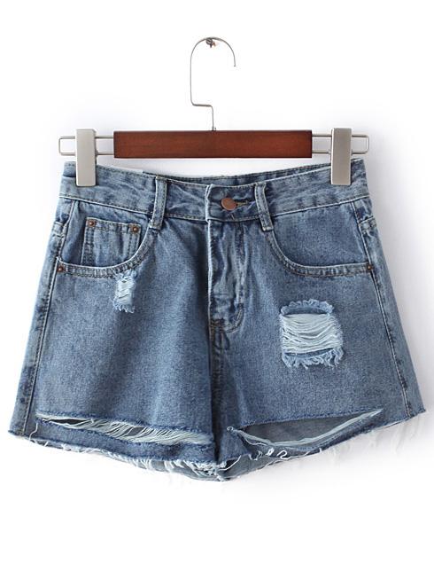 Romwe Dark Blue Pockets Ripped Hole Denim Shorts