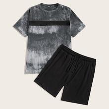 Romwe Guys Contrast Side Tie Dye Top & Shorts Set