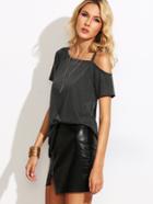 Romwe Heather Grey Asymmetric Cold Shoulder T-shirt