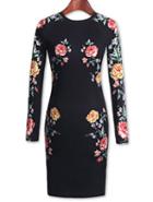 Romwe Black Long Sleeve Floral Pattern Dress