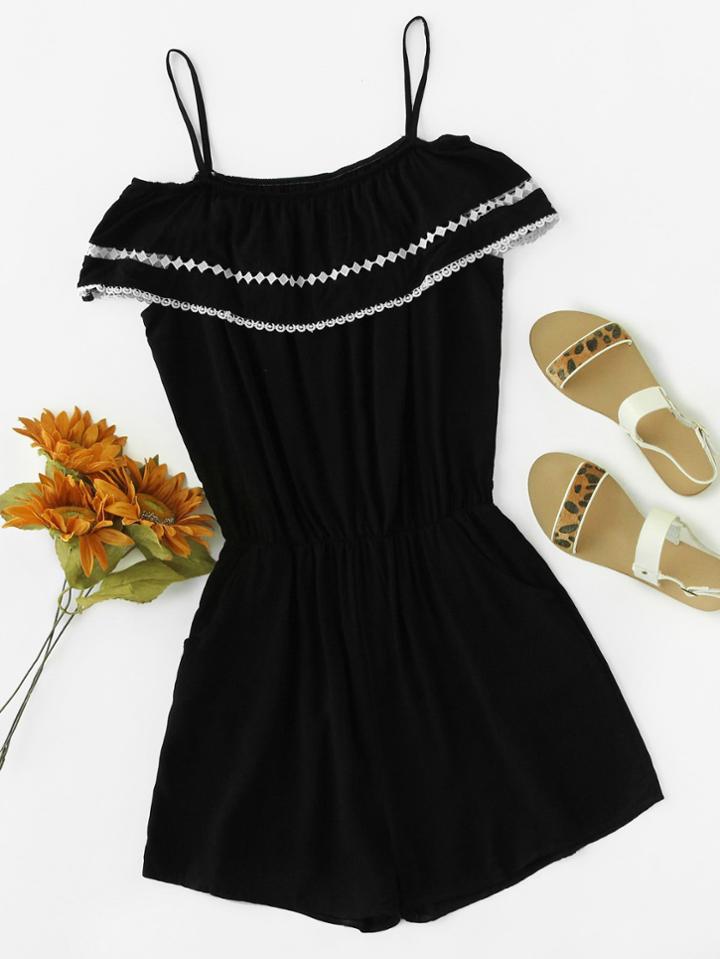 Romwe Open Shoulder Layered Lace Trim Cami Romper