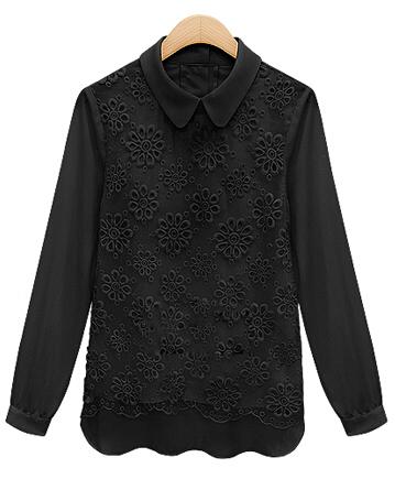 Romwe Lapel Dip Hem Embroidered Blouse