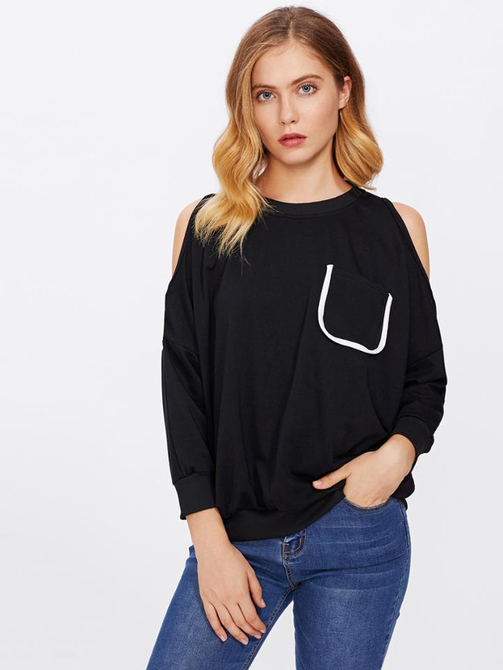 Romwe Open Shoulder Sweatshirt With Chest Pocket