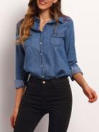 Romwe Blue Lapel Pocket Embroidered Denim Blouse