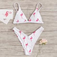 Romwe Flamingos Print Triangle Bikini Set