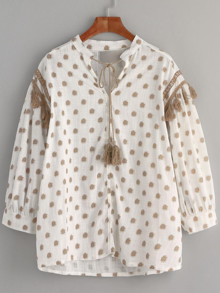 Romwe Print Lace Up Fringe Blouse