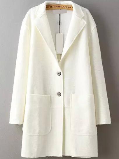 Romwe Lapel Pockets Buttons White Coat