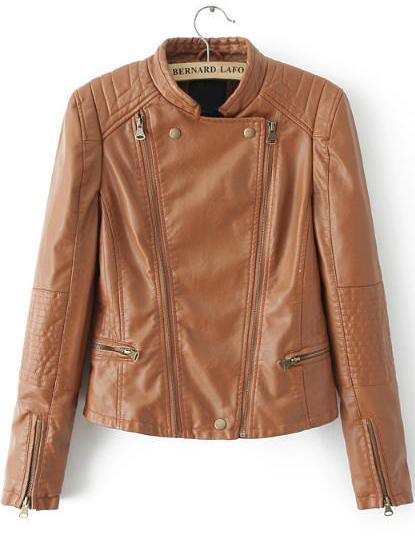 Romwe Oblique Zipper Pockets Crop Khaki Jacket