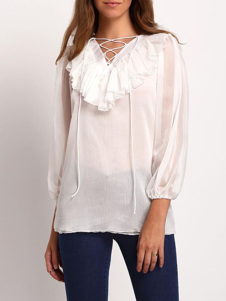 Romwe Flounce Lace Up Chiffon White Shirt