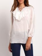Romwe Flounce Lace Up Chiffon White Shirt