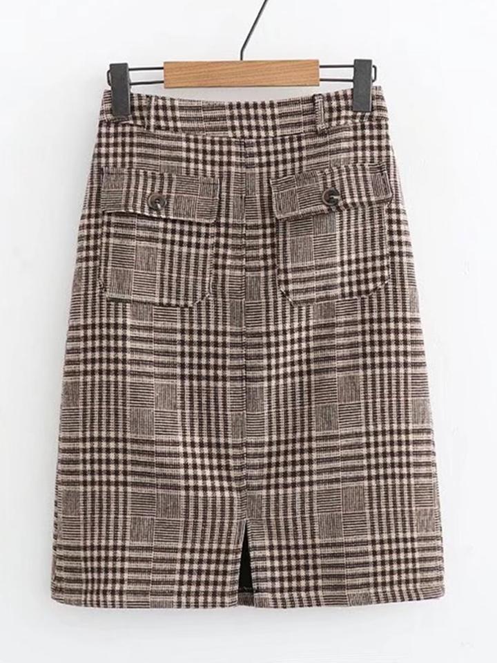 Romwe Front Pocket Plaid Skirt
