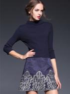 Romwe Navy Round Neck Length Sleeve Knit Jacquard Embroidered Pockets Dress