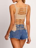 Romwe Khaki Straps Ribbed Lattice-back Tank Top