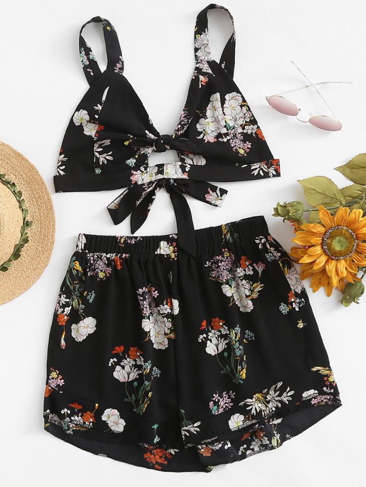 Romwe Knot Front Floral Print Cami With Shorts