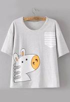 Romwe Hippo Print Striped White T-shirt
