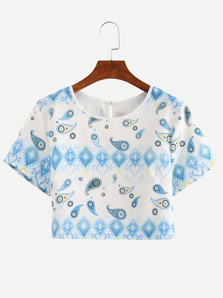 Romwe Keyhole Back Paisley Print Crop Top - Blue
