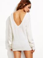 Romwe White V Back Drop Shoulder Sweater