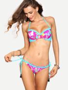 Romwe Ruffled Paint Splash Print Bikini Set - Hot Pink