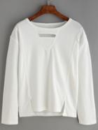 Romwe Long Sleeve Split White T-shirt