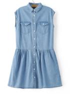 Romwe Blue Sleeveless Lapel Pocket Denim Dress