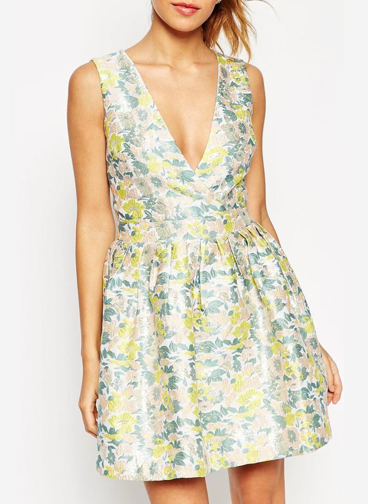 Romwe Deep V Neck Open Back Florals Flare Dress