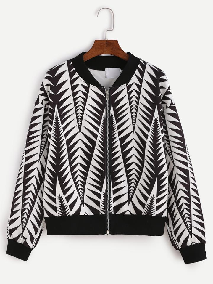 Romwe Black White Print Zip Up Bomber Jacket