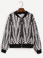 Romwe Black White Print Zip Up Bomber Jacket