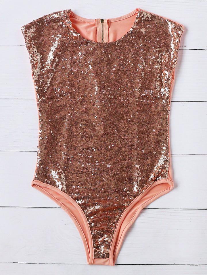 Romwe Gold Zipper Back Sequin One-piece Swimwear