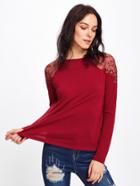 Romwe Embroidered Mesh Shoulder Split Hem Tee