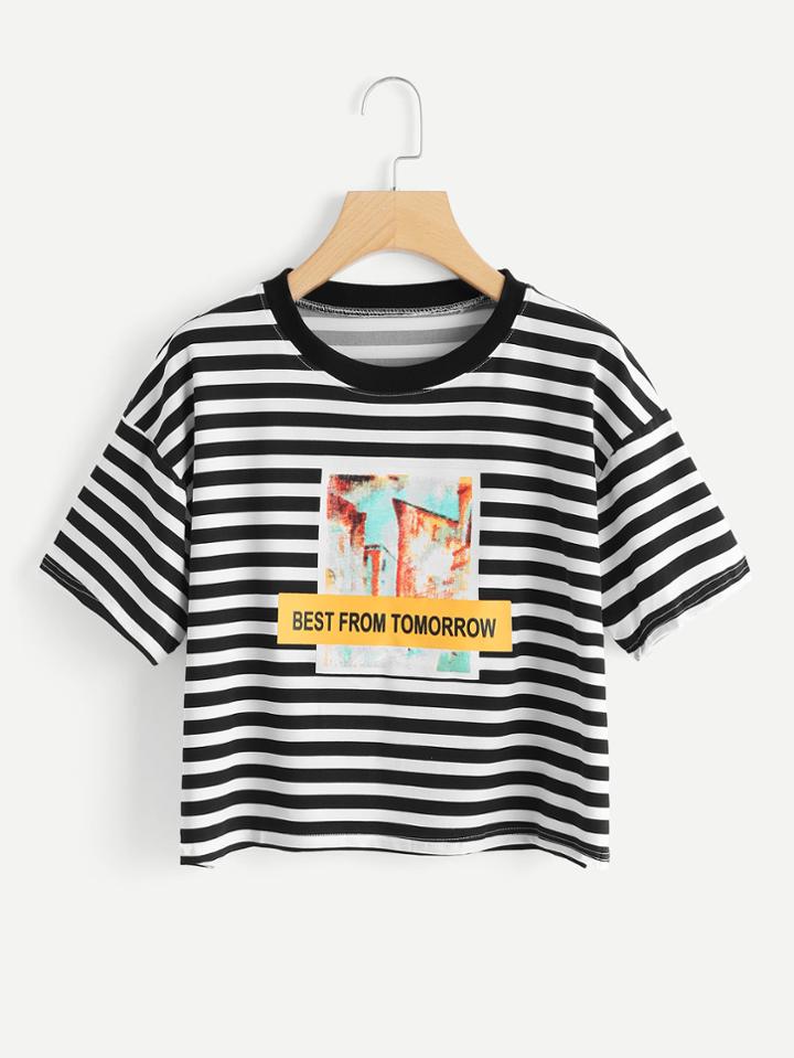 Romwe Graphic Print Striped Tee