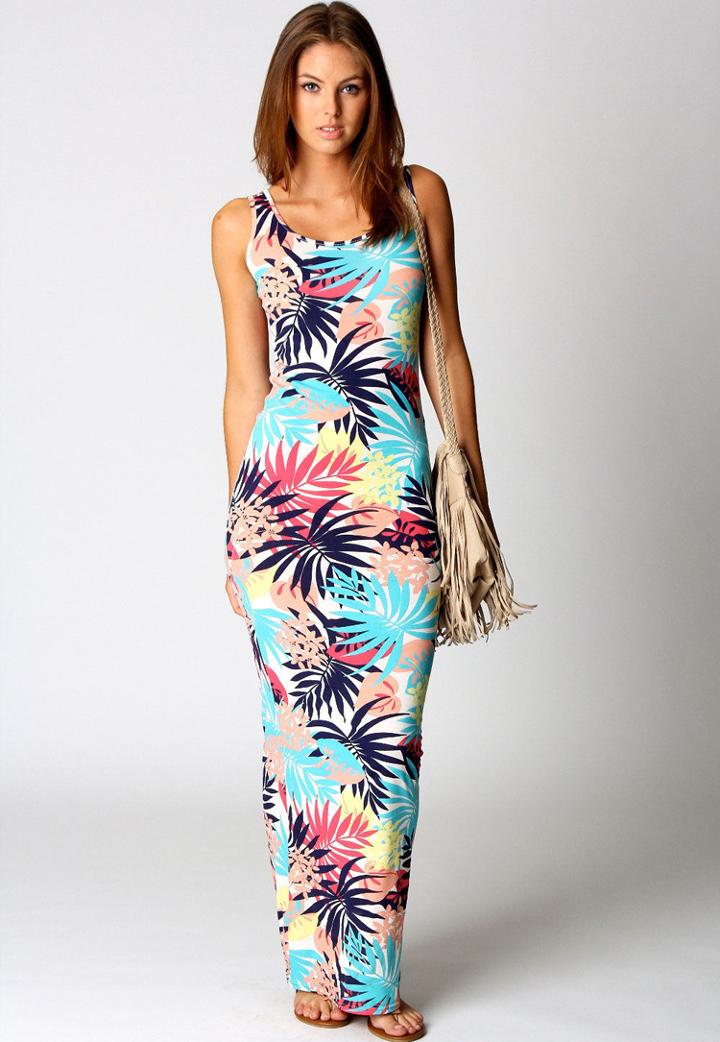 Romwe Blue Tropical Print Scoop Neck Maxi Dress