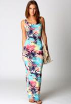 Romwe Blue Tropical Print Scoop Neck Maxi Dress