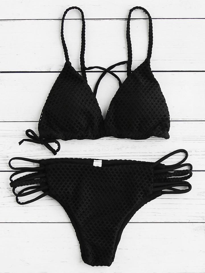 Romwe Hollow Out Braided Strap Triangle Bikini Set