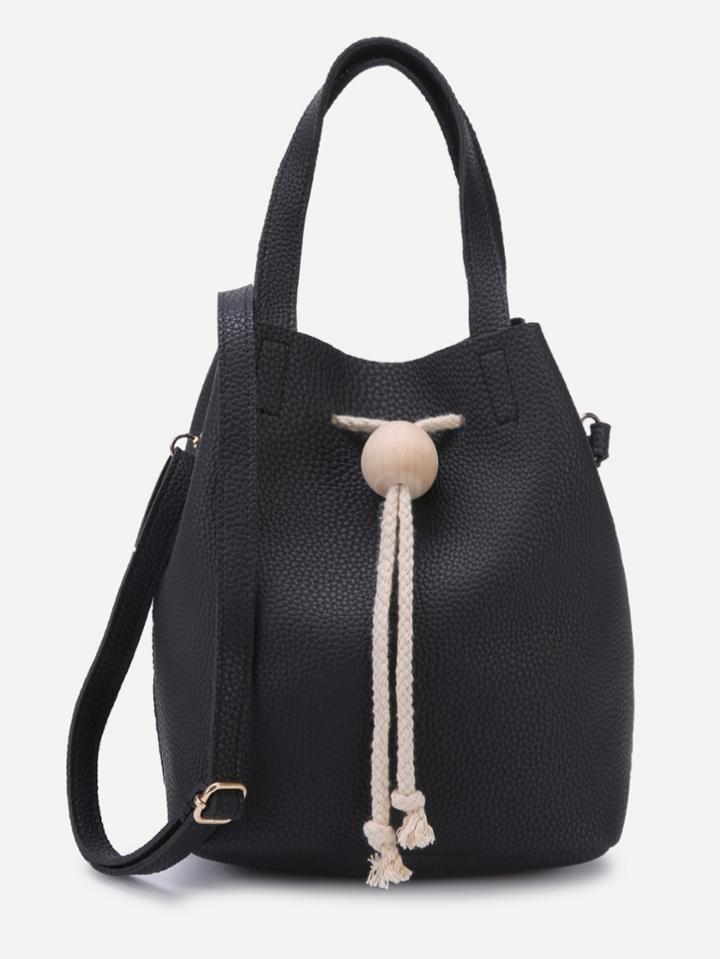 Romwe Black Pebbled Pu Drawstring Bucket Bag
