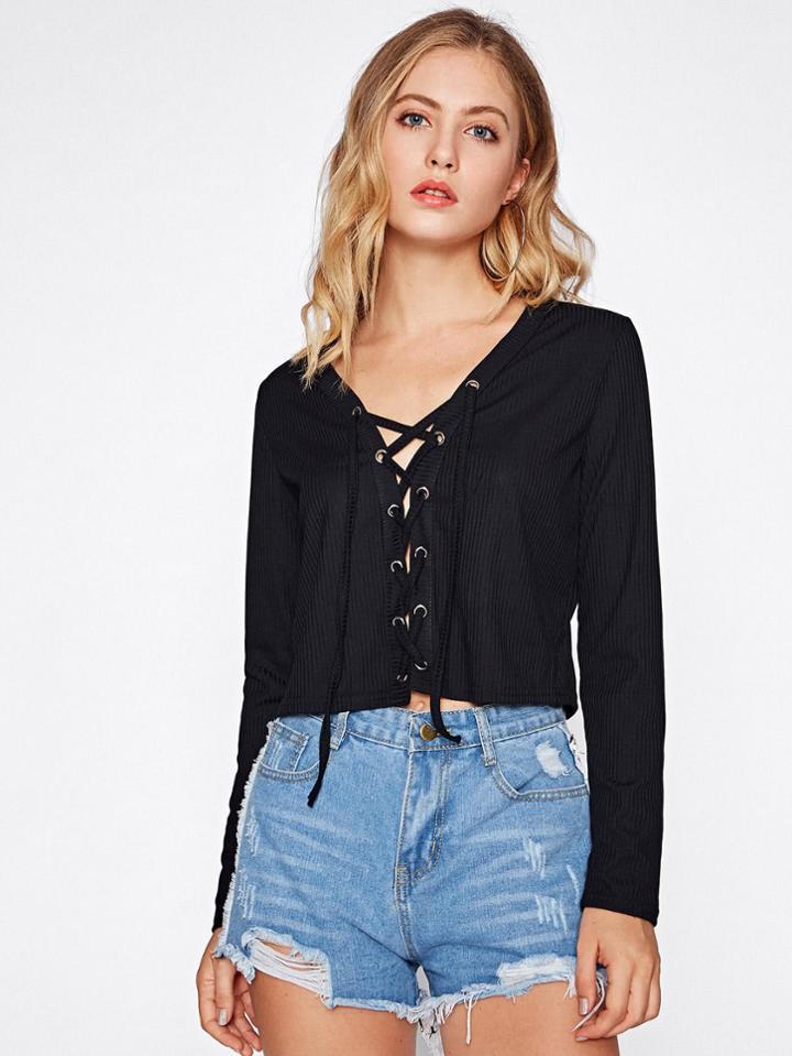 Romwe Eyelet Lace Up Front Ribbed Tee