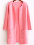 Romwe Pink Collarless Longline Cardigan With Pockets