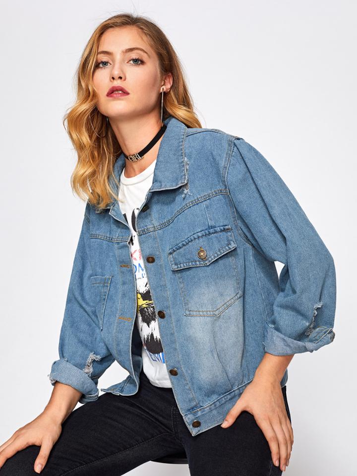 Romwe Ripped Bleach Wash Denim Jacket