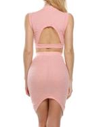 Romwe Pink Knit Turtleneck Crop Tank Top With Dip Hem Skirt