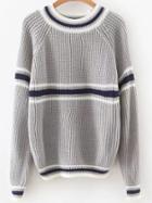 Romwe Grey Striped Raglan Sleeve Sweater