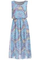 Romwe Sleeveless Flower Print Chiffon Sky Blue Waist Dress