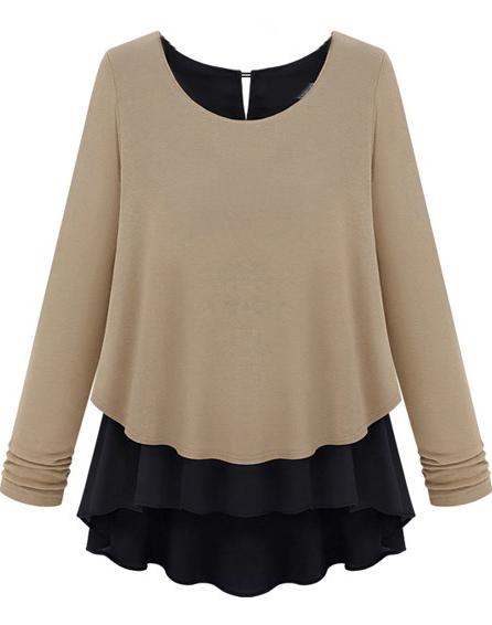 Romwe Contrast Chiffon Hem Loose Khaki Sweater