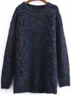 Romwe Cable Knit Fuzzy Navy Sweater
