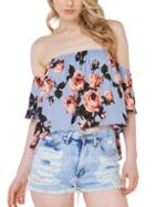Romwe Off The Shoulder Floral Flounce Sleeve Blouse