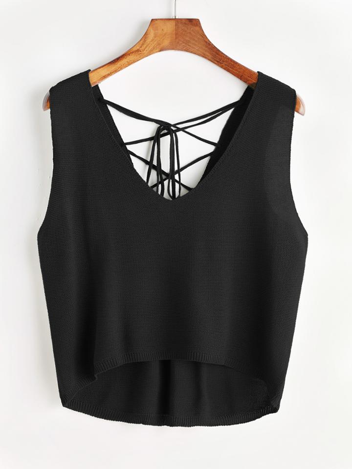 Romwe Lace Up Back Dip Hem Tank Top