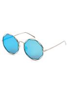 Romwe Silver Frame Blue Lens Hollow Out Sunglasses