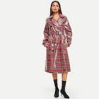 Romwe Belted Cuff And Waist Plaid Trench Coat